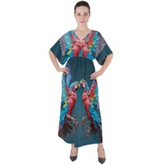 Birds Parrots Love Ornithology Species Fauna V-Neck Boho Style Maxi Dress