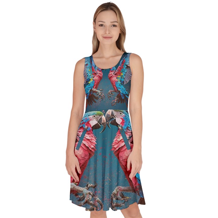 Birds Parrots Love Ornithology Species Fauna Knee Length Skater Dress With Pockets