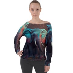 Elephant Tusks Trunk Wildlife Africa Off Shoulder Long Sleeve Velour Top by Ndabl3x