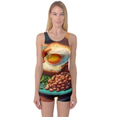 Breakfast Egg Beans Toast Plate One Piece Boyleg Swimsuit