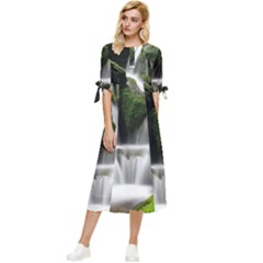 Waterfall Moss Korea Mountain Valley Green Forest Bow Sleeve Chiffon Midi Dress by Ndabl3x