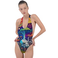 Mushrooms Fungi Psychedelic Backless Halter One Piece Swimsuit