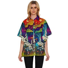 Mushrooms Fungi Psychedelic Women s Batwing Button Up Shirt