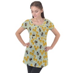 Honey Bee Bees Pattern Puff Sleeve Tunic Top by Ndabl3x