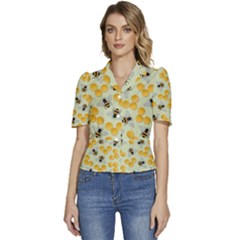 Honey Bee Bees Pattern Puffed Short Sleeve Button Up Jacket