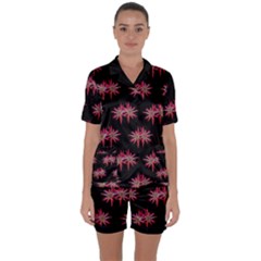 Chic Dreams Botanical Motif Pattern Design Satin Short Sleeve Pajamas Set