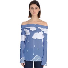 Blue Clouds Rain Raindrops Weather Sky Raining Off Shoulder Long Sleeve Top by Wav3s