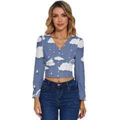 Blue Clouds Rain Raindrops Weather Sky Raining Long Sleeve V-neck Top by Wav3s