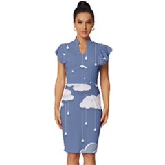 Blue Clouds Rain Raindrops Weather Sky Raining Vintage Frill Sleeve V-neck Bodycon Dress by Wav3s