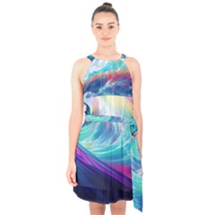 Wave Ocean Sea Tsunami Nautical Nature Water Halter Collar Waist Tie Chiffon Dress by Wav3s