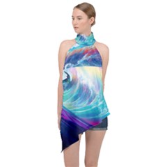 Wave Ocean Sea Tsunami Nautical Nature Water Halter Asymmetric Satin Top by Wav3s