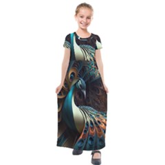 Peacock Bird Feathers Plumage Colorful Texture Abstract Kids  Short Sleeve Maxi Dress