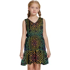 Circuit Hexagonal Geometric Pattern Background Pattern Kids  Sleeveless Tiered Mini Dress by Wav3s