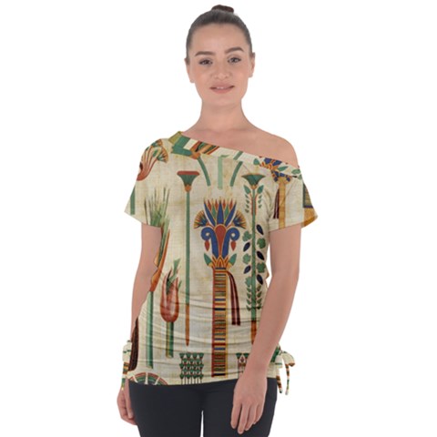 Egyptian Paper Papyrus Hieroglyphs Off Shoulder Tie-up Tee by Wav3s