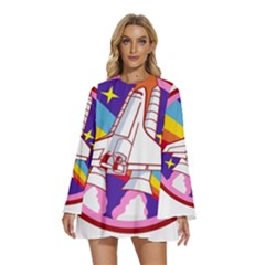 Badge-patch-pink-rainbow-rocket Round Neck Long Sleeve Bohemian Style Chiffon Mini Dress