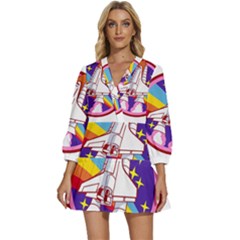 Badge-patch-pink-rainbow-rocket V-neck Placket Mini Dress