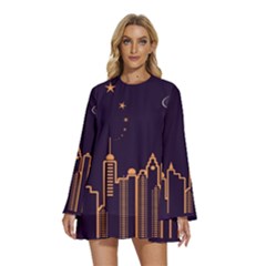 Skyscraper-town-urban-towers Round Neck Long Sleeve Bohemian Style Chiffon Mini Dress