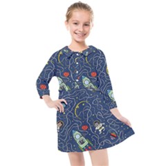 Cat-cosmos-cosmonaut-rocket Kids  Quarter Sleeve Shirt Dress by Wav3s