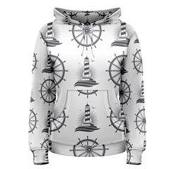 Marine-nautical-seamless-pattern-with-vintage-lighthouse-wheel Women s Pullover Hoodie by Wav3s