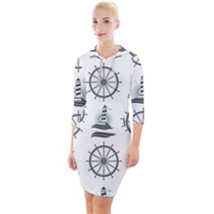 Marine-nautical-seamless-pattern-with-vintage-lighthouse-wheel Quarter Sleeve Hood Bodycon Dress