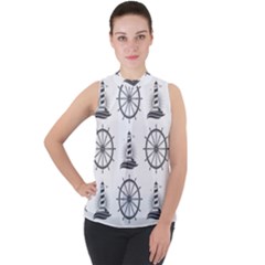 Marine-nautical-seamless-pattern-with-vintage-lighthouse-wheel Mock Neck Chiffon Sleeveless Top by Wav3s