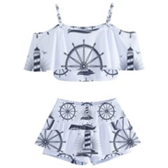 Marine-nautical-seamless-pattern-with-vintage-lighthouse-wheel Kids  Off Shoulder Skirt Bikini by Wav3s
