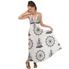 Marine-nautical-seamless-pattern-with-vintage-lighthouse-wheel Backless Maxi Beach Dress