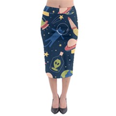 Seamless-pattern-with-funny-aliens-cat-galaxy Midi Pencil Skirt by Wav3s