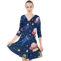Seamless-pattern-with-funny-aliens-cat-galaxy Quarter Sleeve Front Wrap Dress by Wav3s