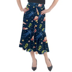 Seamless-pattern-with-funny-aliens-cat-galaxy Midi Mermaid Skirt