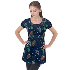 Monster-alien-pattern-seamless-background Puff Sleeve Tunic Top by Wav3s