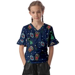 Monster-alien-pattern-seamless-background Kids  V-neck Horn Sleeve Blouse