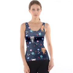 Cute Astronaut Cat With Star Galaxy Elements Seamless Pattern Tank Top