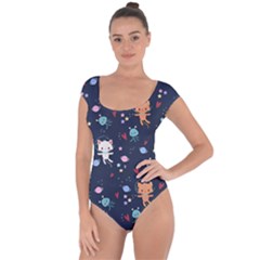 Cute Astronaut Cat With Star Galaxy Elements Seamless Pattern Short Sleeve Leotard 