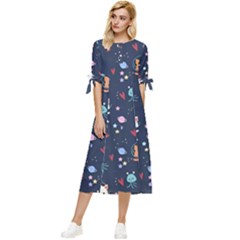 Cute Astronaut Cat With Star Galaxy Elements Seamless Pattern Bow Sleeve Chiffon Midi Dress