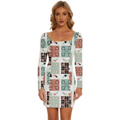 Mint Black Coral Heart Paisley Long Sleeve Square Neck Bodycon Velvet Dress by Ndabl3x