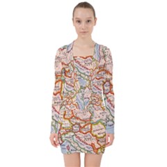 Map Europe Globe Countries States V-neck Bodycon Long Sleeve Dress