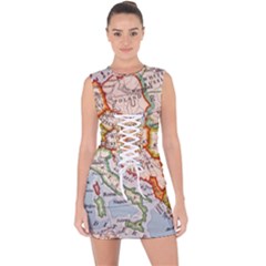 Map Europe Globe Countries States Lace Up Front Bodycon Dress