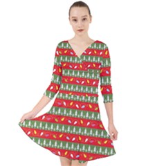 Christmas Papers Red And Green Quarter Sleeve Front Wrap Dress