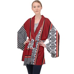 Background Damask Red Black Long Sleeve Velvet Kimono  by Ndabl3x