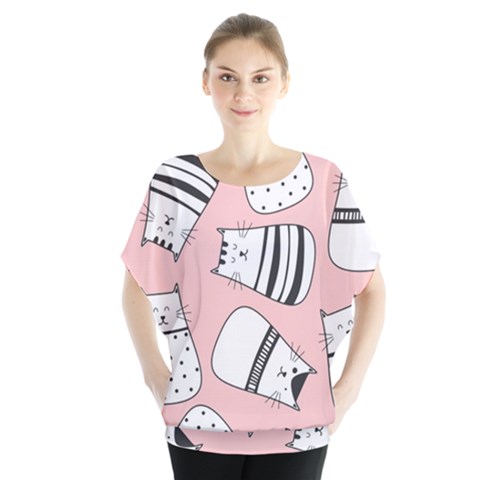 Cute Cats Cartoon Seamless-pattern Batwing Chiffon Blouse by Vaneshart