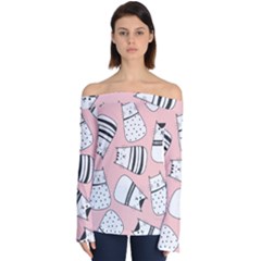 Cute Cats Cartoon Seamless-pattern Off Shoulder Long Sleeve Top by Vaneshart