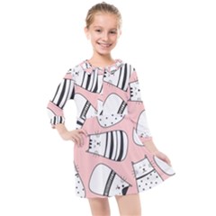 Cute Cats Cartoon Seamless-pattern Kids  Quarter Sleeve Shirt Dress by Vaneshart