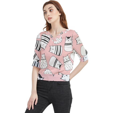 Cute Cats Cartoon Seamless-pattern Quarter Sleeve Blouse by Vaneshart