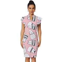 Cute Cats Cartoon Seamless-pattern Vintage Frill Sleeve V-neck Bodycon Dress by Vaneshart