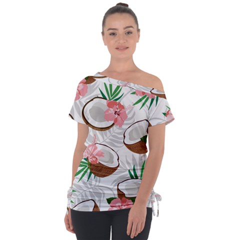 Seamless Pattern Coconut Piece Palm Leaves With Pink Hibiscus Off Shoulder Tie-up Tee by Vaneshart