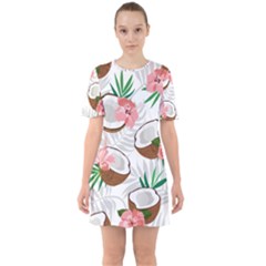 Seamless Pattern Coconut Piece Palm Leaves With Pink Hibiscus Sixties Short Sleeve Mini Dress by Vaneshart