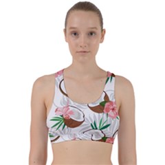 Seamless Pattern Coconut Piece Palm Leaves With Pink Hibiscus Back Weave Sports Bra