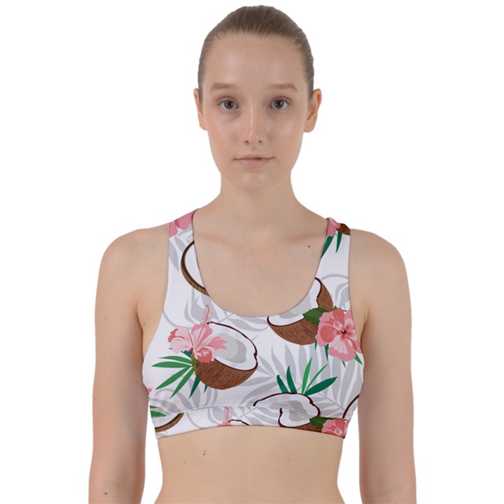 Seamless Pattern Coconut Piece Palm Leaves With Pink Hibiscus Back Weave Sports Bra