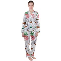 Seamless Pattern Coconut Piece Palm Leaves With Pink Hibiscus Women s Long Sleeve Satin Pajamas Set	 by Vaneshart